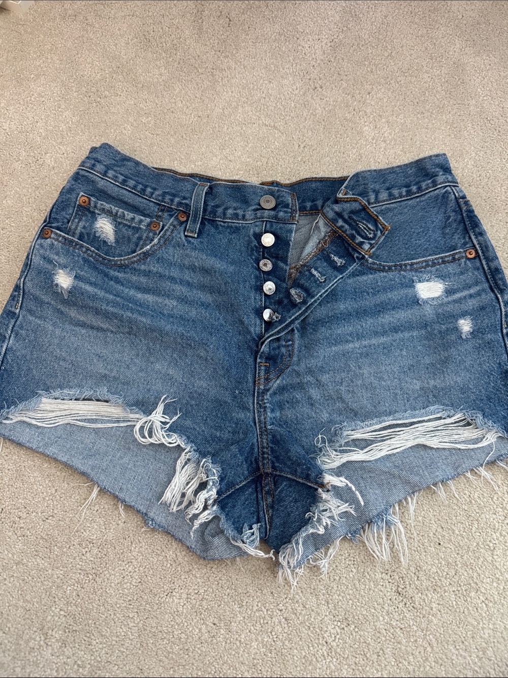 Levi's Distressed Dark Blue Button-Fly Denim Shorts